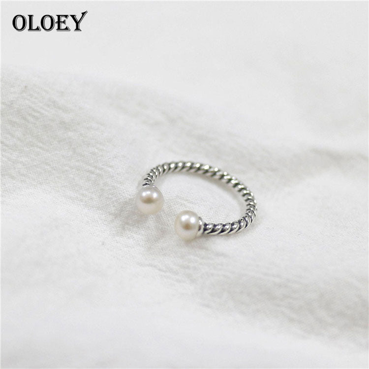 Vintage Real 925 Sterling Silver Rings Jewelry Personality Pearl Twist Grain Opening Ring Bague Fine Jewelry Gift YMR070