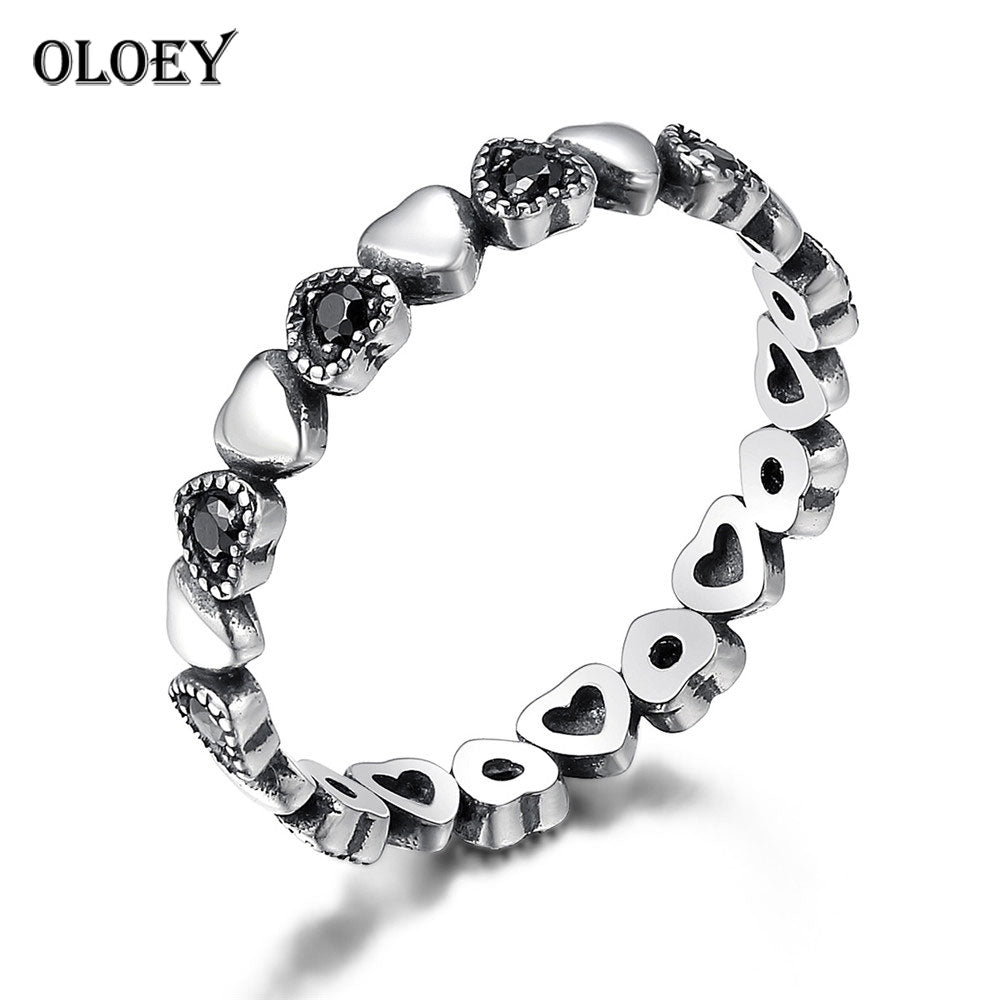 Vintage Stackable Ring Women Real 925 Sterling Silver Black Zircon Heart Finger Rings Fine Jewelry Drop Shipping YMR181