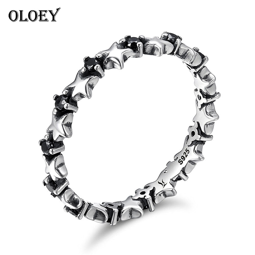 Vintage Stackable Stars Rings for Women Solid 925 Sterling Silver Black Zircon Finger Rings Fine Jewelry Gifts YMR182