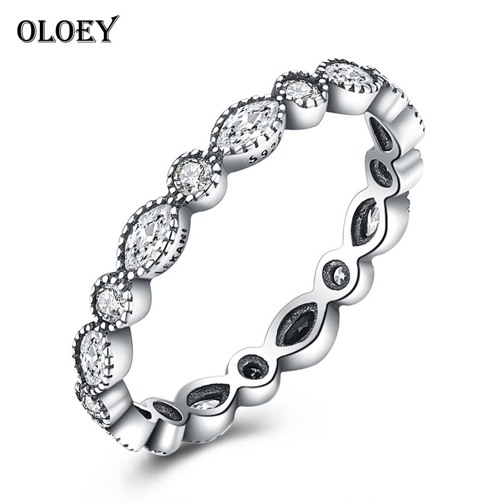 Women Ring Real 925 Sterling Silver All Brilliant Marquise Stackable Finger Rings with Clear CZ Fine Jewelry YMR032