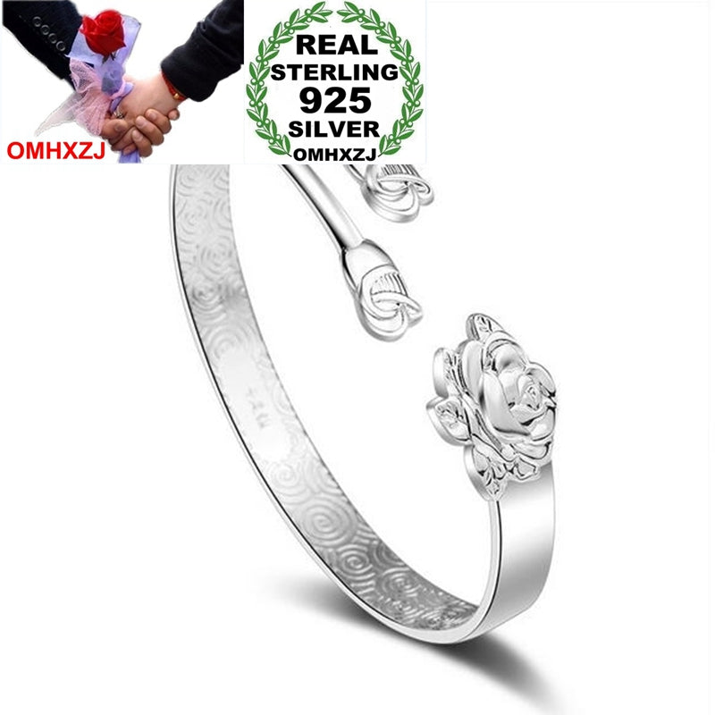 Wholesale Fashion Sweet Woman Girl Gift Three Rose Flower 925 Sterling Silver Cuff Bracelet Bangle Open Adjustable SZ79