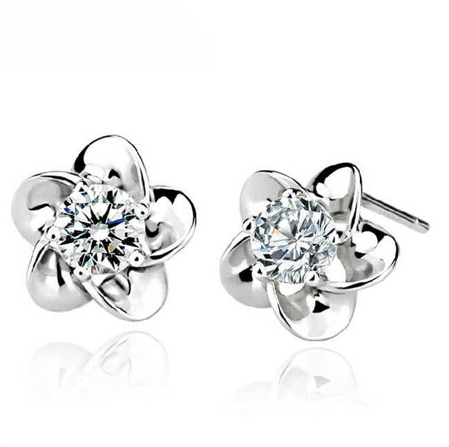 Wholesale Fashion jewelry crystal five leaves flowers White AAA zircon Amethyst 925 sterling silver Stud earrings YS02
