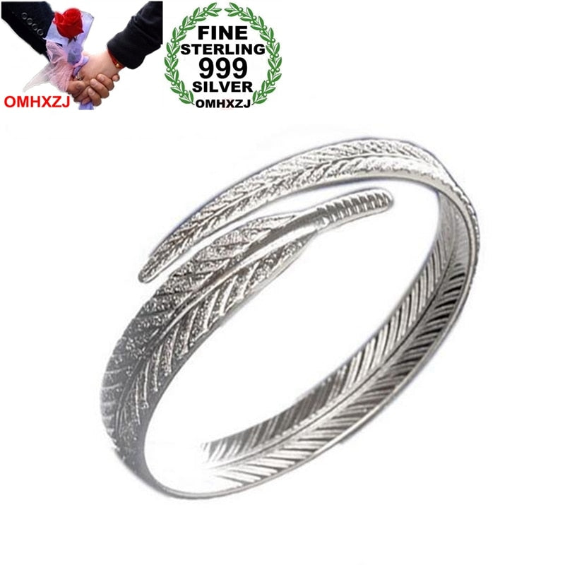 Wholesale Retro Fashion Sweet Woman Girl Gift Angel Feather 999 Sterling Silver Cuff Bracelet Bangle Open Adjustable SZ80