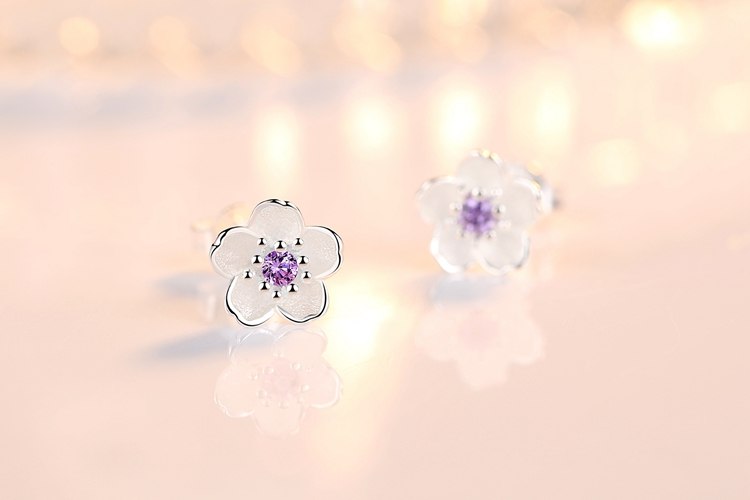 Wholesale Sweet Lovely Fashion Star Woman Girl Wedding Pink Purple Cherry Flower 925 Sterling Silver Stud Earrings YS390