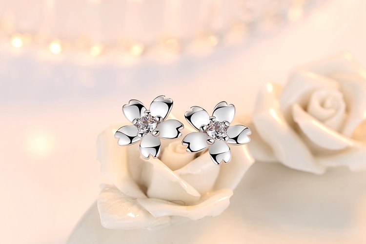 Wholesale Sweet Lovely Fashion Woman Girl Wedding Gift White Pink Cherry Blossom 925 Sterling Silver Stud Earrings YS414