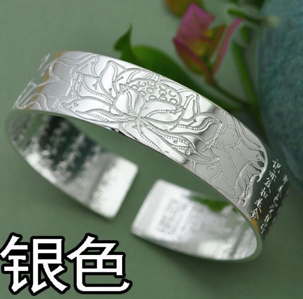 Wholesale fashion Lotus heart sutra woman star Fine 990 Sterling Silver opening bracelet gift Bangles SZ24