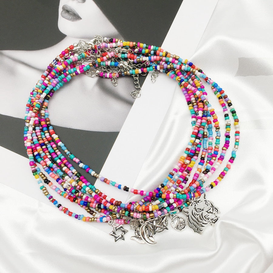 OMY   women choker pendant necklace trendy colorful beads metal pendant necklace for women girl beach jewelry party accessories