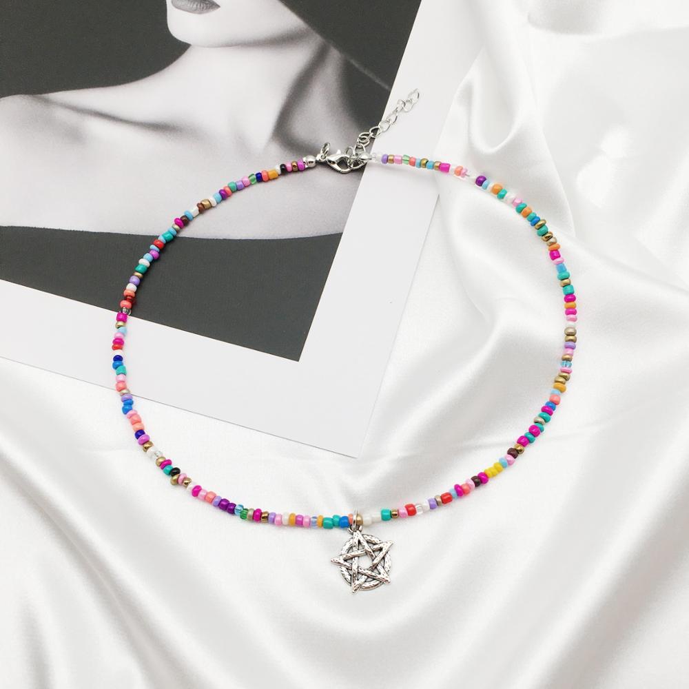 OMY   women choker pendant necklace trendy colorful beads metal pendant necklace for women girl beach jewelry party accessories