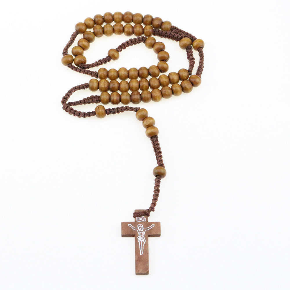 Men Women Catholic Christ Wooden 8mm Rosary Bead Cross Pendant Woven Rope Necklace Black/brown/Beige/li brown
