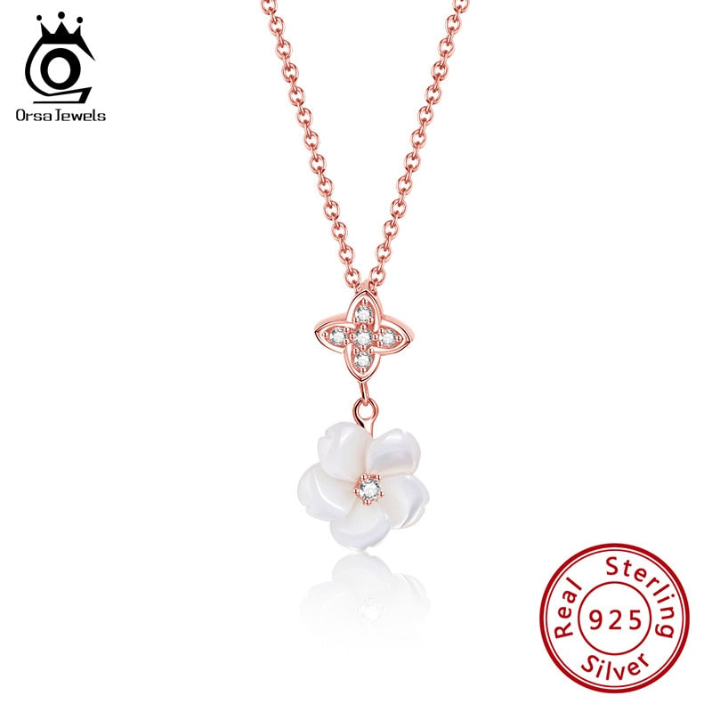 ORSA JEWELS 925 Sterling Silver Flower Pendant Necklace Freshwater Pearl Jewelry Accessories Women Fine Jewelry Gift SN280