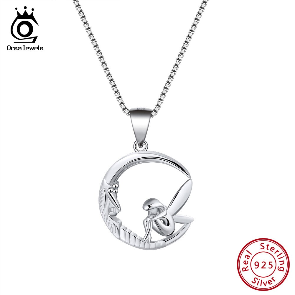 ORSA JEWELS 925 Sterling Silver Necklaces Pendants Fairy Sitting on Moon Original Romantic Necklace Girl Jewelry Gift SN106