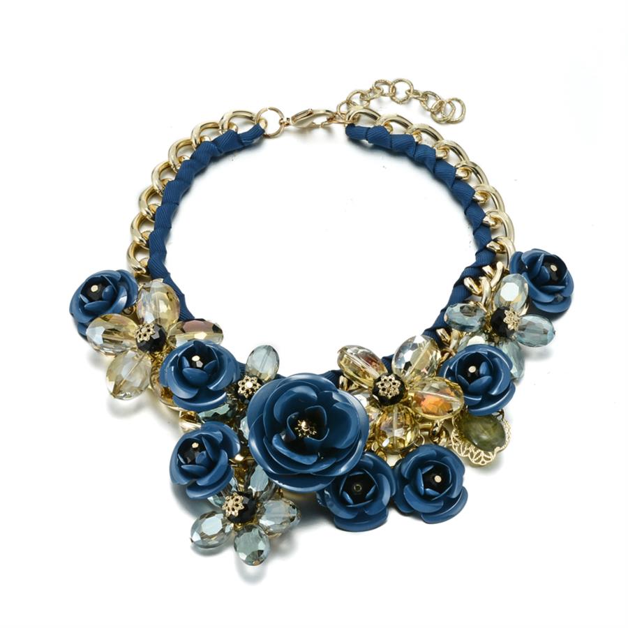 New Design handmade Spring Chain Spr Paint Metal Flower glass Beads Rhinestones Crystal Bib Necklace Luxury Jewelry