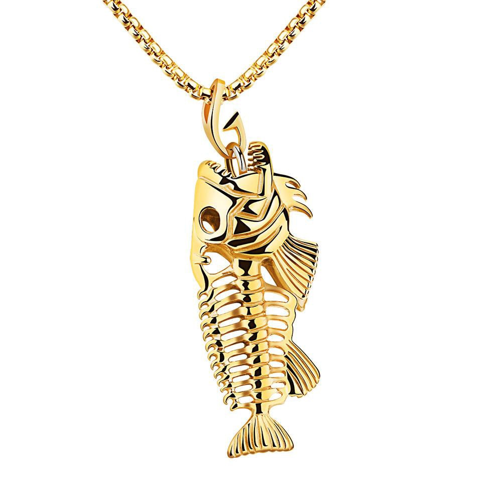Fish Bone & Fishing Hook Skeleton Pendant Surfer Chain Necklace Gold Black Silver Unisex Jewellery Drop Shipping F27