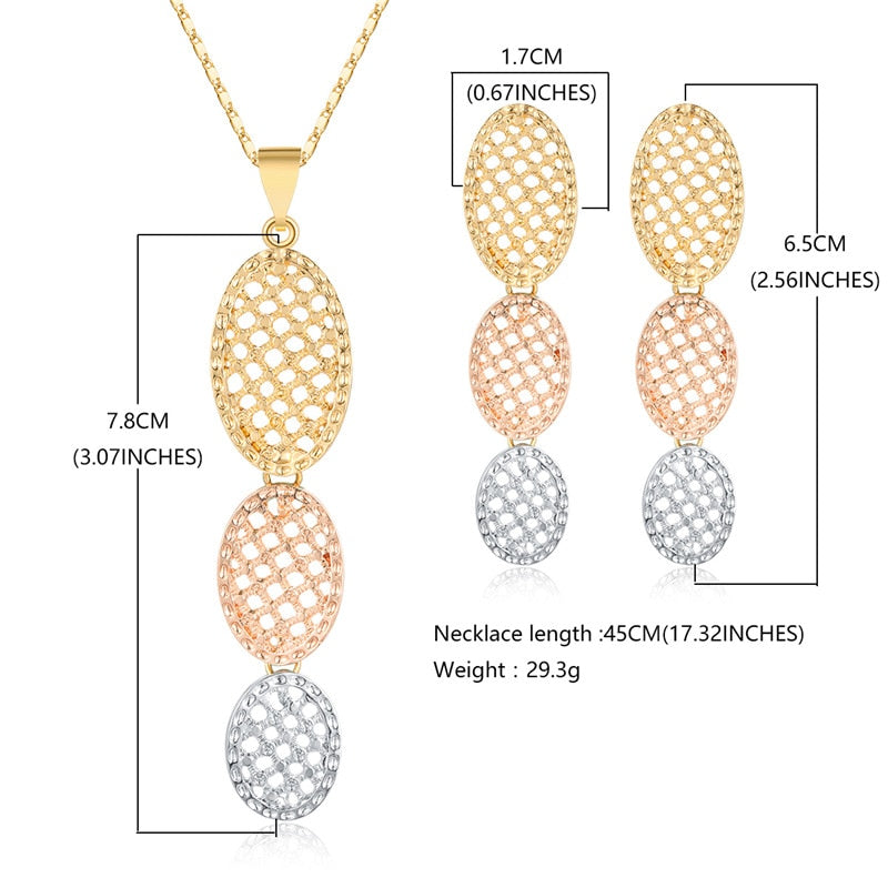 Dubai Bridal Jewelry Sets Nigerian African Earrings Necklace Sets For Women Rose Gold Silver Color 3 Layer Jewelry Set