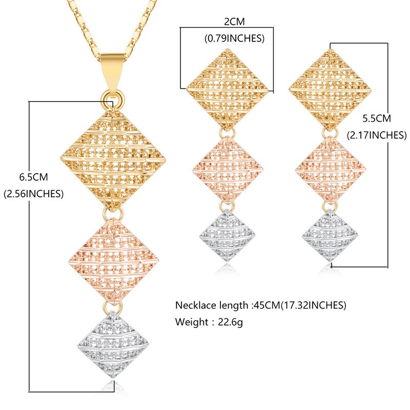 Dubai Bridal Jewelry Sets Nigerian African Earrings Necklace Sets For Women Rose Gold Silver Color 3 Layer Jewelry Set