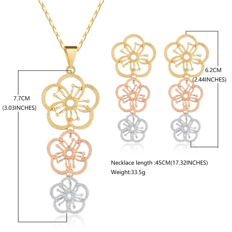 Dubai Bridal Jewelry Sets Nigerian African Earrings Necklace Sets For Women Rose Gold Silver Color 3 Layer Jewelry Set