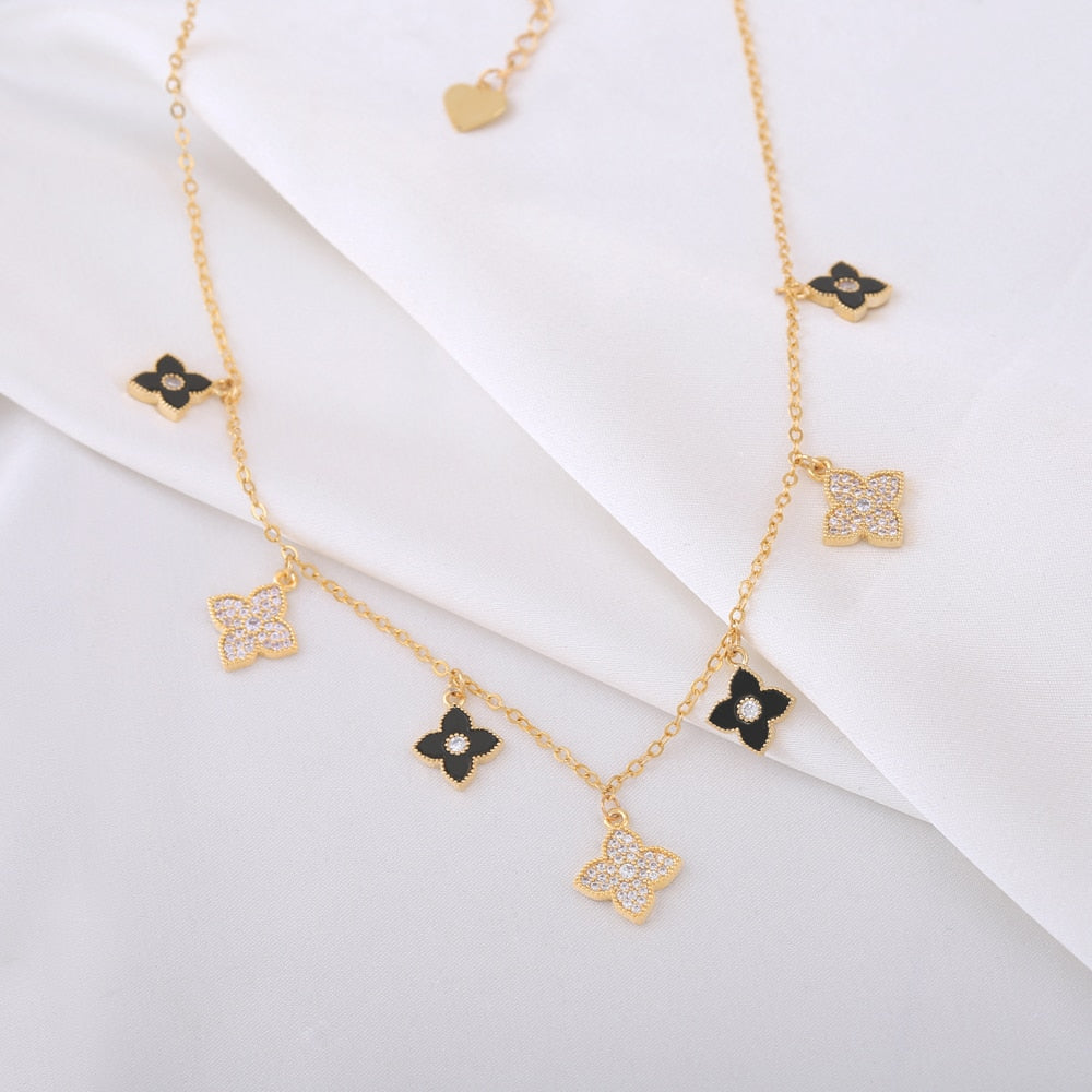 OYB Korean version of the  four-leaf clover zircon necklace ladies short necklace four-leaf flower collar women's jewelry