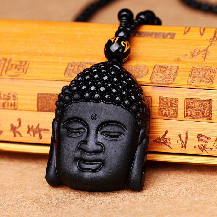 Obsidian Necklace Natural Stone Wolf head Pendant Buddha Guardian Ball Chain Carving Amulet With Obsidian Blessing Lucky Jewelry