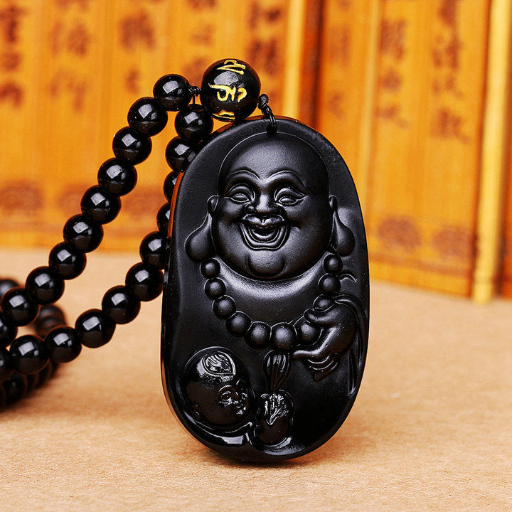 Obsidian Necklace Natural Stone Wolf head Pendant Buddha Guardian Ball Chain Carving Amulet With Obsidian Blessing Lucky Jewelry