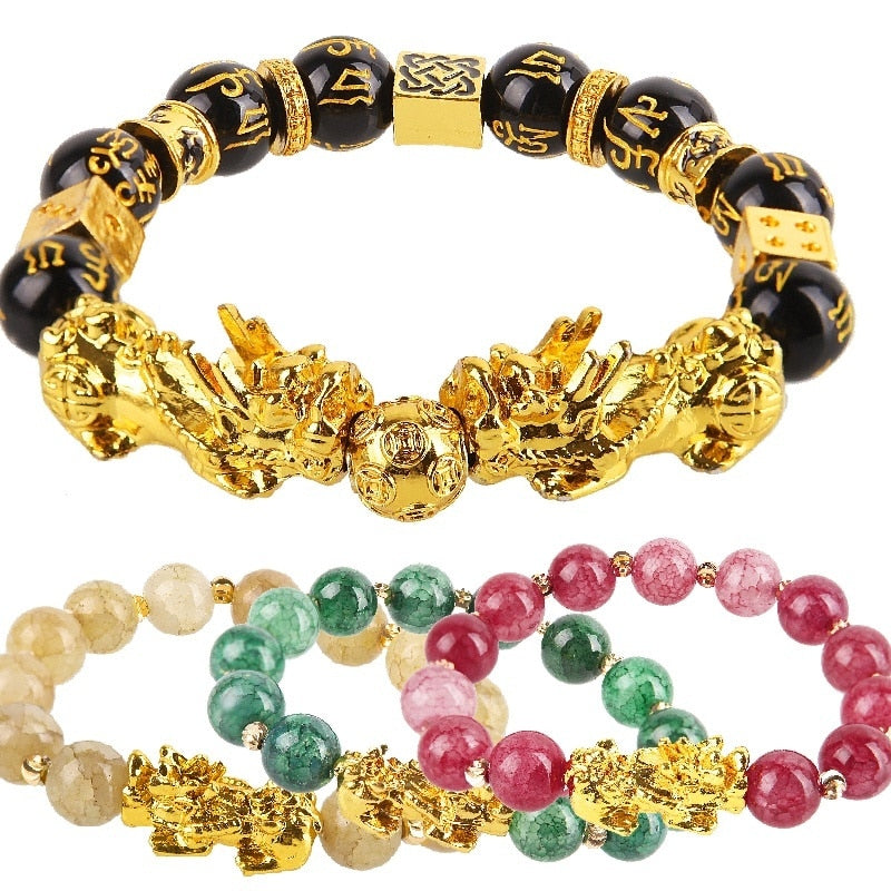 Obsidian Stone Beads Bracelet Unisex Wristband Gold Black Pixiu Bring Wealth and Good Luck Chinese Feng Shui Men Women Bracelets