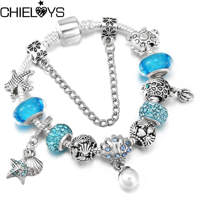 Ocean Series Shell Pearl Beads Brand Bracelet With Starfish Pendant DIY Snake Chain Charm Bracelets For Women Men Jewelry Gift