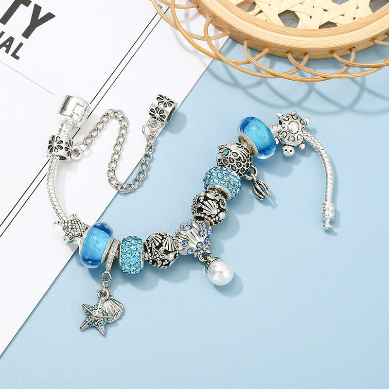 Ocean Series Shell Pearl Beads Brand Bracelet With Starfish Pendant DIY Snake Chain Charm Bracelets For Women Men Jewelry Gift