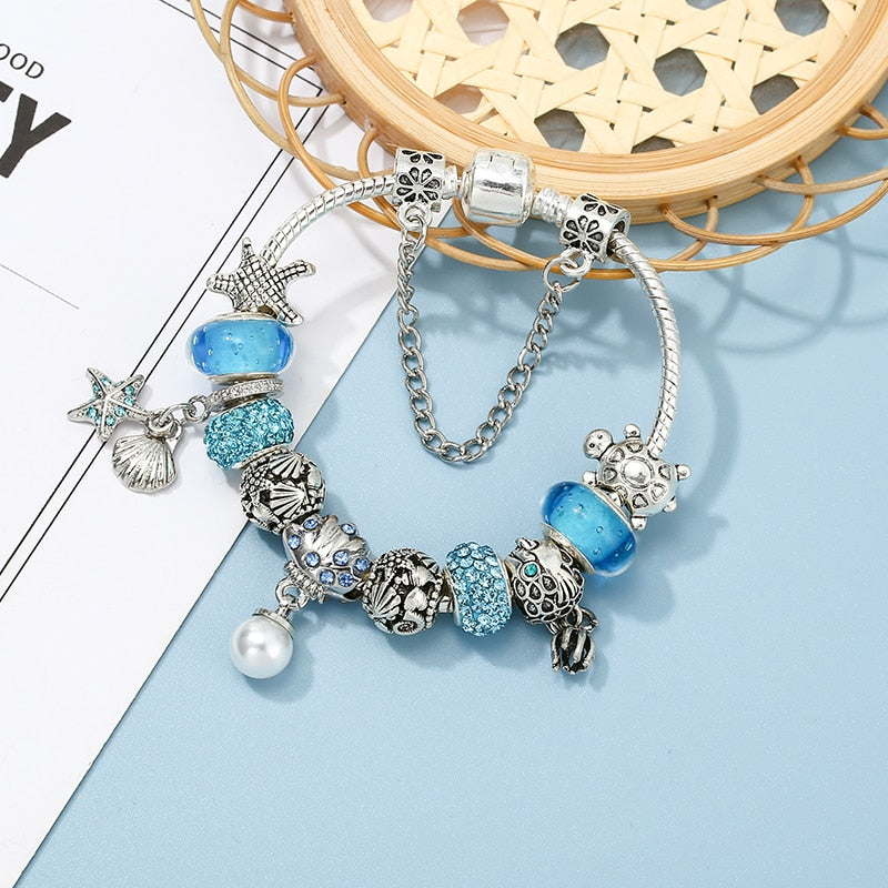 Ocean Series Shell Pearl Beads Brand Bracelet With Starfish Pendant DIY Snake Chain Charm Bracelets For Women Men Jewelry Gift