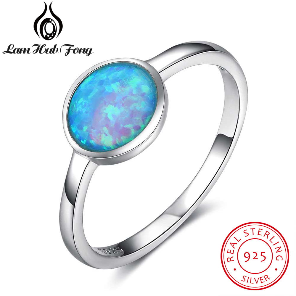 Ocean Style Round Blue Opal Women Finger Rings Real Pure 925 Sterling Silver Fine Jewelry Gift For Girls / Mother (Lam Hub Fong)