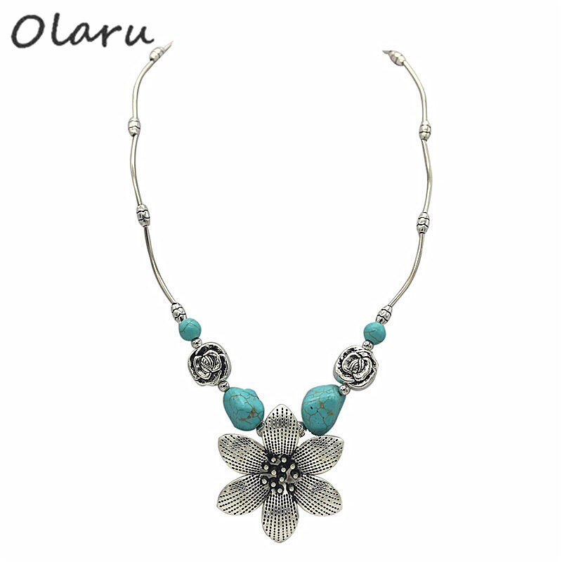 Olaru Factory Price   Bohemia Tibet Jewelry Vintage stone Flower Pendant Retro Necklace for Women ZS-004