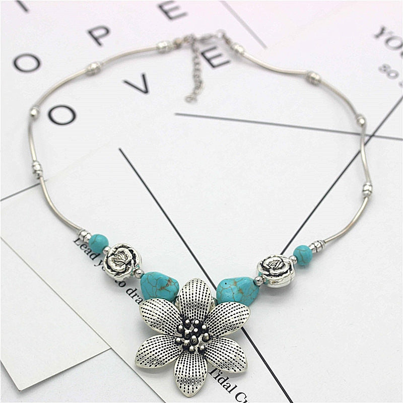 Olaru Factory Price   Bohemia Tibet Jewelry Vintage stone Flower Pendant Retro Necklace for Women ZS-004