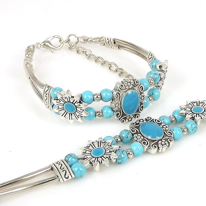 Vintage stone Bracelets for Women Silver Chain Blue Boho Bohemian Bracelet with Stones Bohemian Jewelry Gift ZA-069