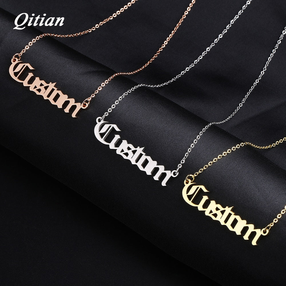 Old English Nameplate Necklace Gold Color Choker Stainless Steel Personalized Name Necklaces & Pendants Romantic Gift