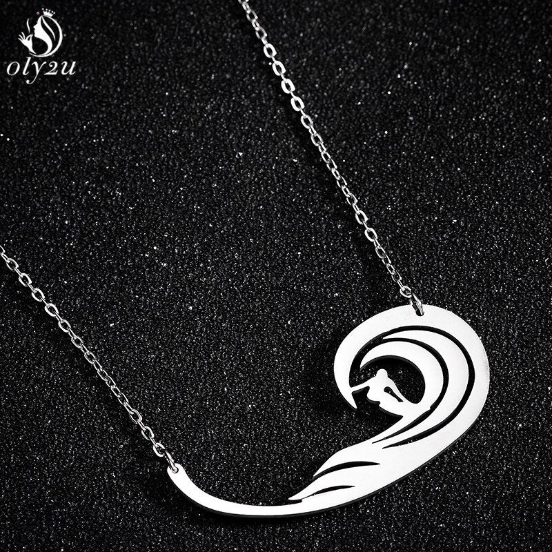 Oly2u Ocean Wave Pendant Necklace Women Stainless Steel Surfing Necklaces Men Summer Beach Surf Jewelry Sportsman Gifts
