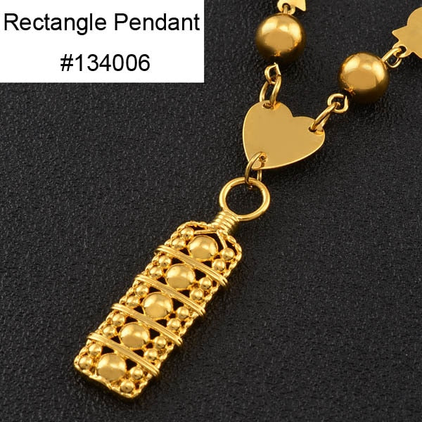 One PCS/Gold Color Beads Chain Necklaces for Women With Cross Heart Rectangle Pendant Hawaii G Marshall Island Jewelry #J0786
