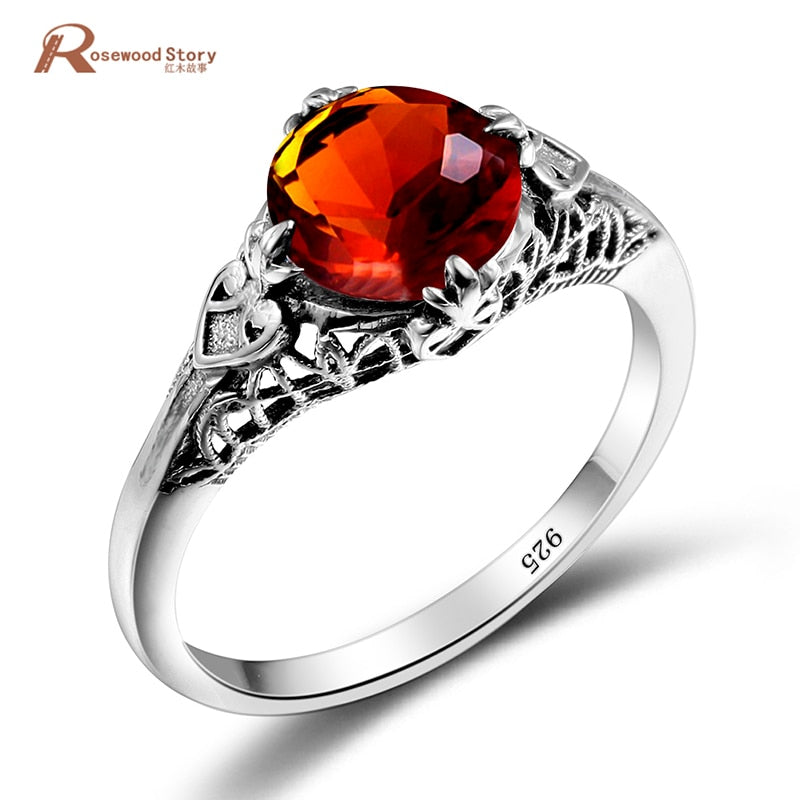 One Piece Vintage Brown Stone Amber Ring Lace Vintage Style 925 Sterling Silver Jewelry Wedding Ring Finger Spinner bijoux