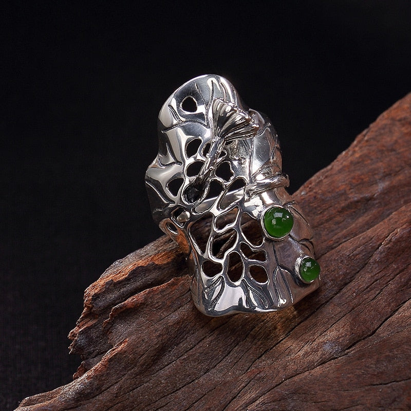 One deer silver S925 pure silver natural Jasper lotus lotus leaf lotus silver high silver ring ring