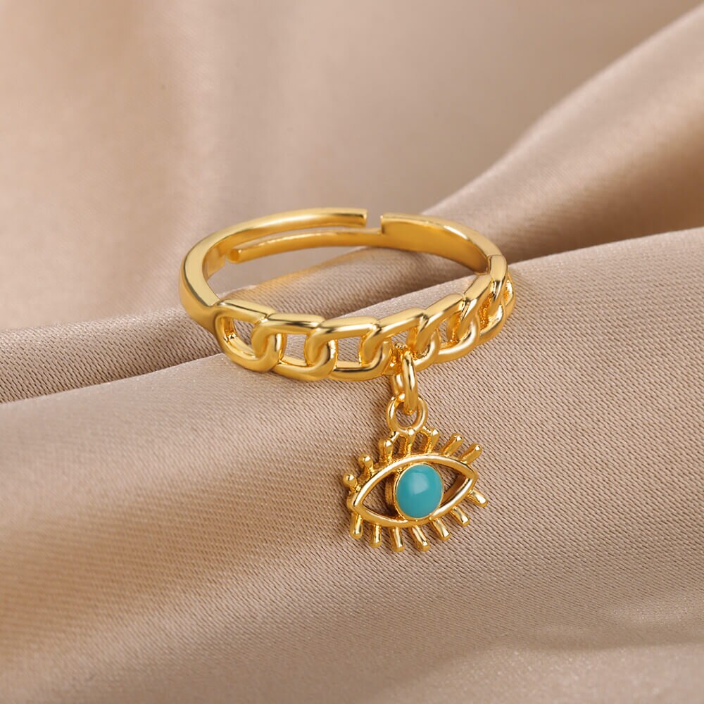Opal Evil Eye Rings for Women Adjustable Stainless Steel Gold Color Finger Ring Vintage Boho Jewelry Christmas Gifts anillos