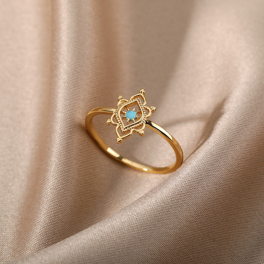 Opal Hexagonal Flower Rings For Women Stainless Steel Gold Color Floral Finger Ring 2023 Trend Wedding Couple Jewerly