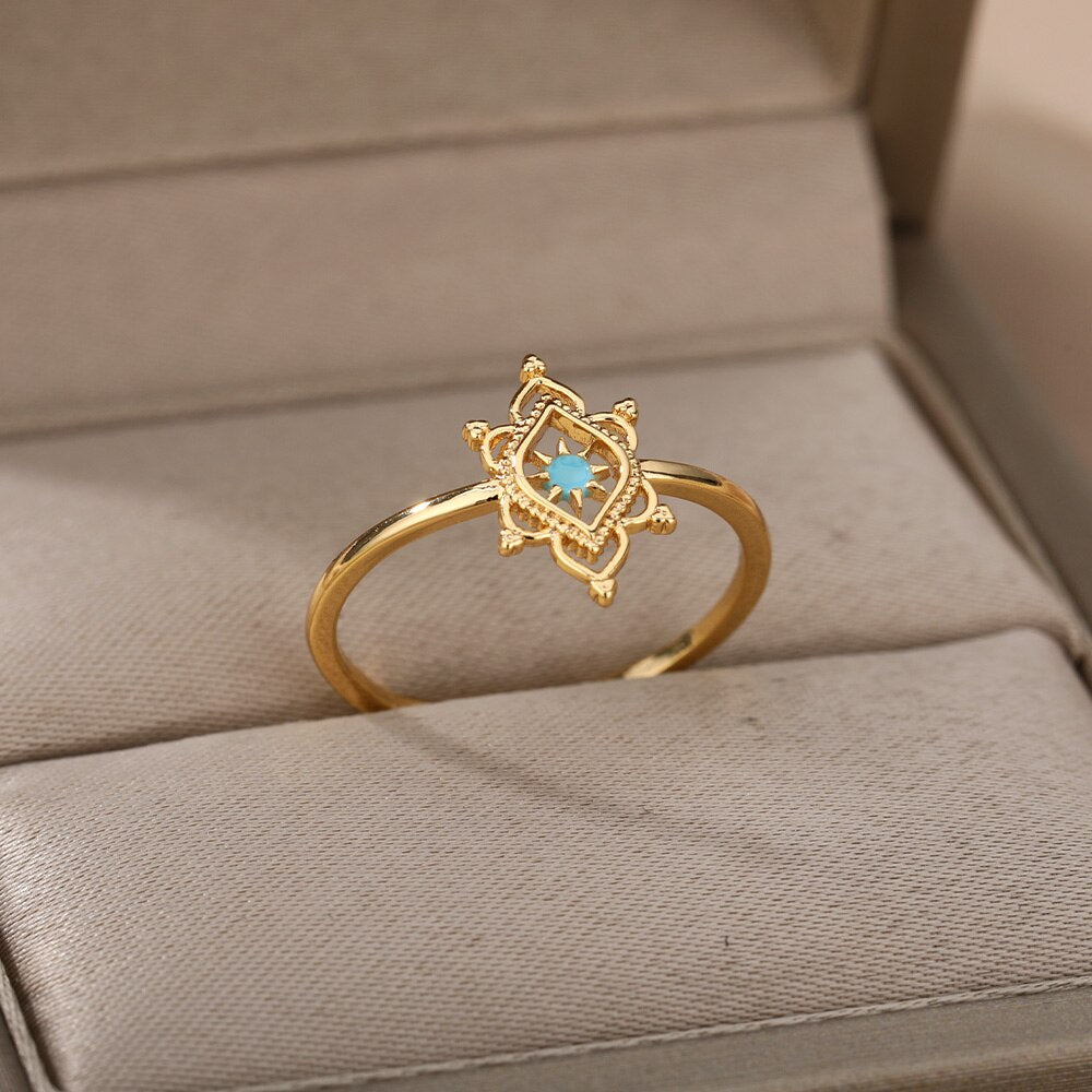 Opal Hexagonal Flower Rings For Women Stainless Steel Gold Color Floral Finger Ring 2023 Trend Wedding Couple Jewerly
