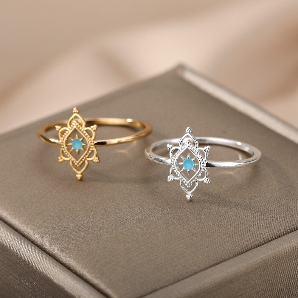 Opal Hexagonal Flower Rings For Women Stainless Steel Gold Color Floral Finger Ring 2023 Trend Wedding Couple Jewerly
