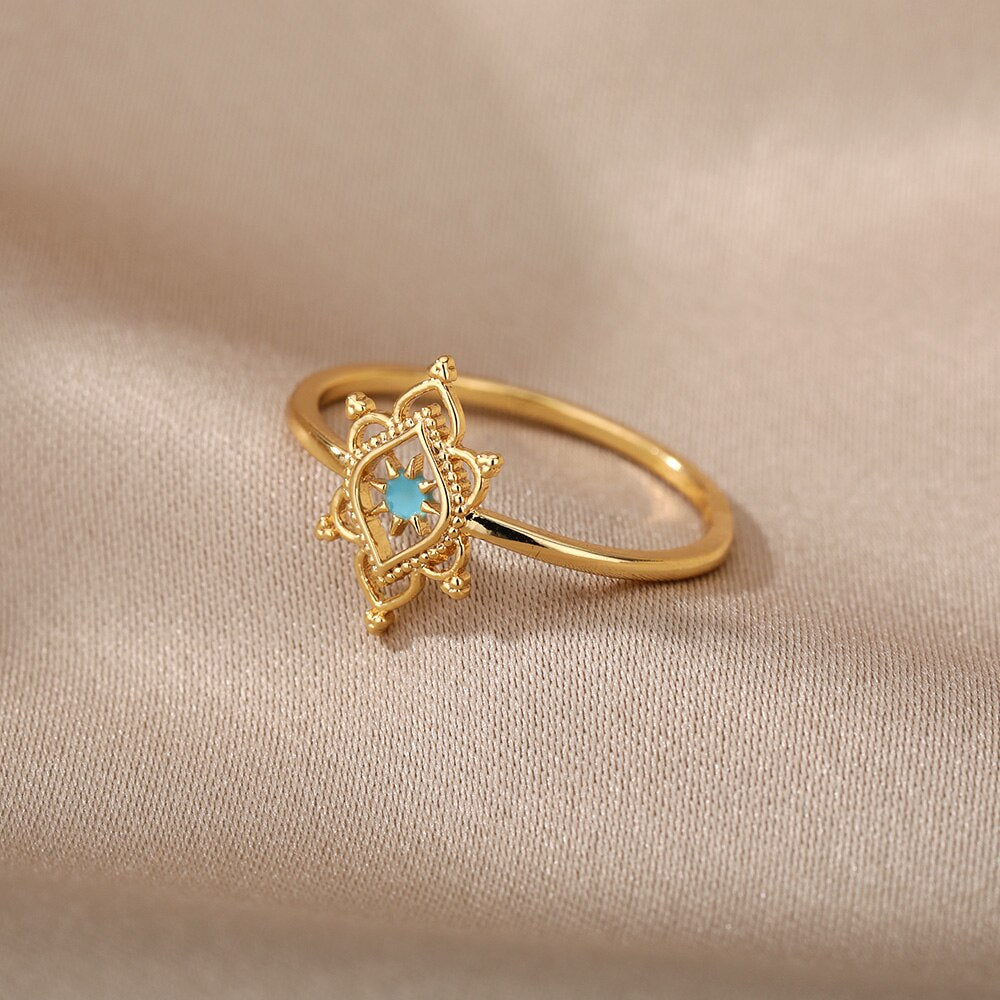 Opal Hexagonal Flower Rings For Women Stainless Steel Gold Color Floral Finger Ring 2023 Trend Wedding Couple Jewerly