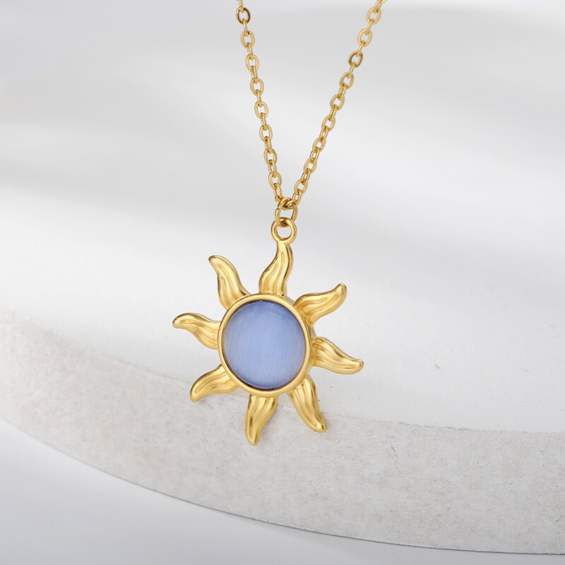 Opal Necklaces Stainless Steel Sun Pendant Necklace For Women Vintage Gold Color Choker 2023 Trend Aesthetic Jewelry