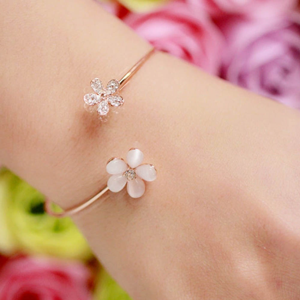 Opal Rhinestones Inlaid Flower Opening Woman Bangle Bracelets Charming Jewelry Gift