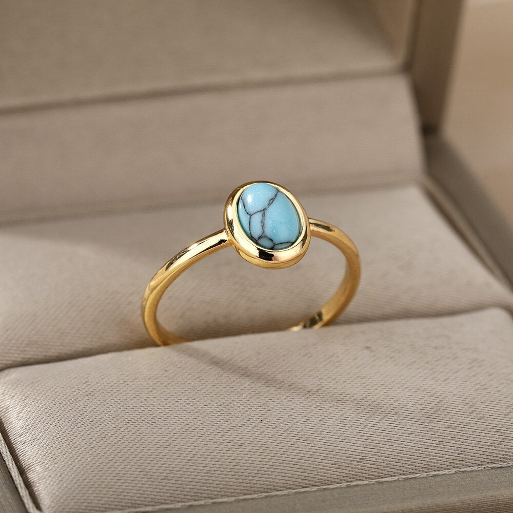 Opal Rings For Women Stainless Steel Gold Color Moonstone Ring 2023 Trend Wedding Band Couple Aesthetic Jewelry Anillos Mujer
