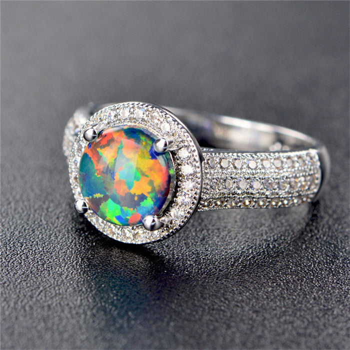 Opal Rings For Women Sterling S925 Silver Round Multicolor Stone Trendy Luxury Fine Jewelry Bridal Wedding Anniversary Ring