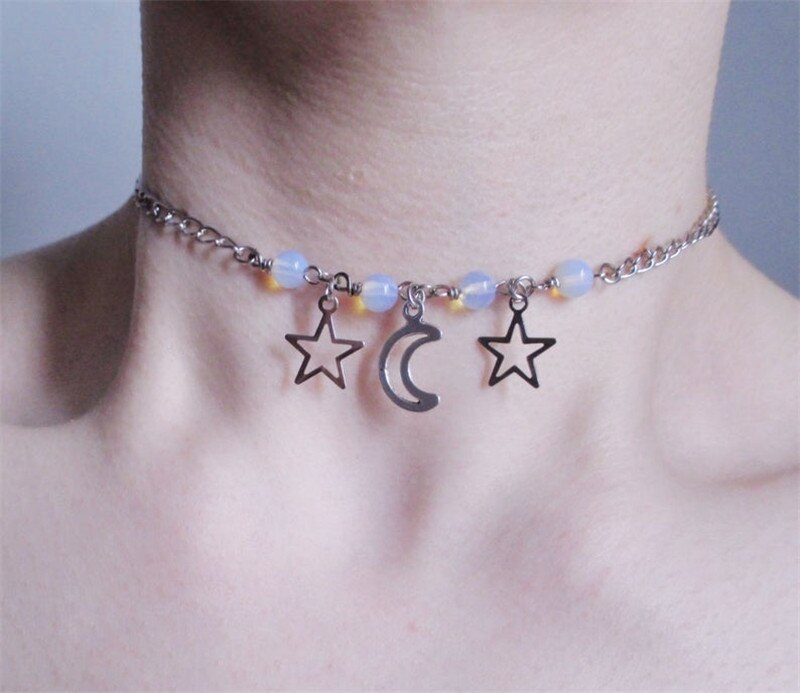Opalite Moon and Star Choker - Pastel Goth Choker - Kawaii Choker - Nu Goth - Boho Choker - Moon and Star Necklace
