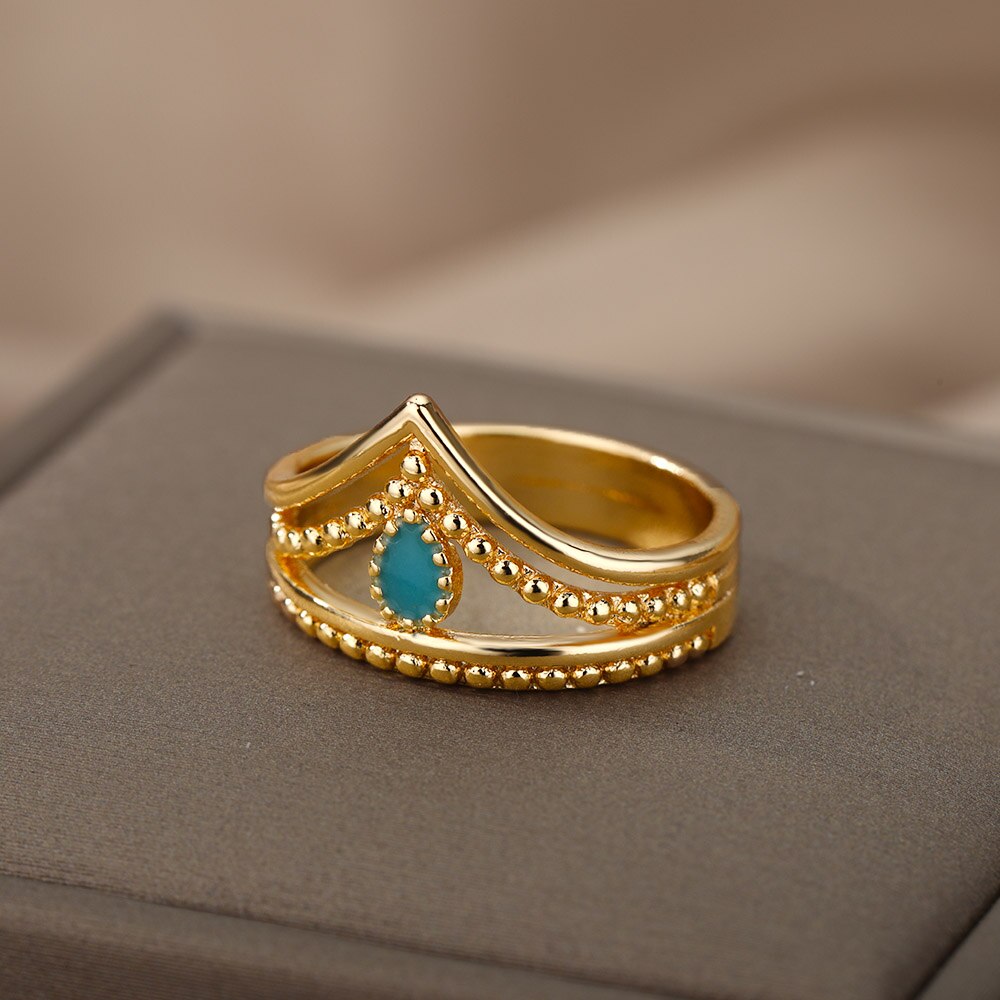 Open Blue Opal Rings For Women Adjustable Stainless Steel Gold Color Ring 2023 Trend Wedding Jewelry Couple Gift anillos