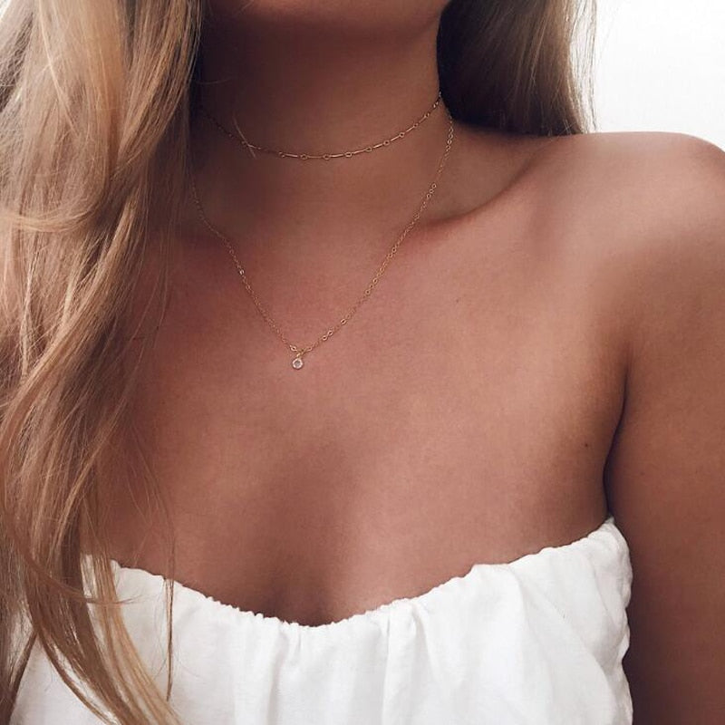 Simple Gold Silver Chain Choker Necklace Double Chains Chokers Crystal Pendant Necklaces For Women collar collier