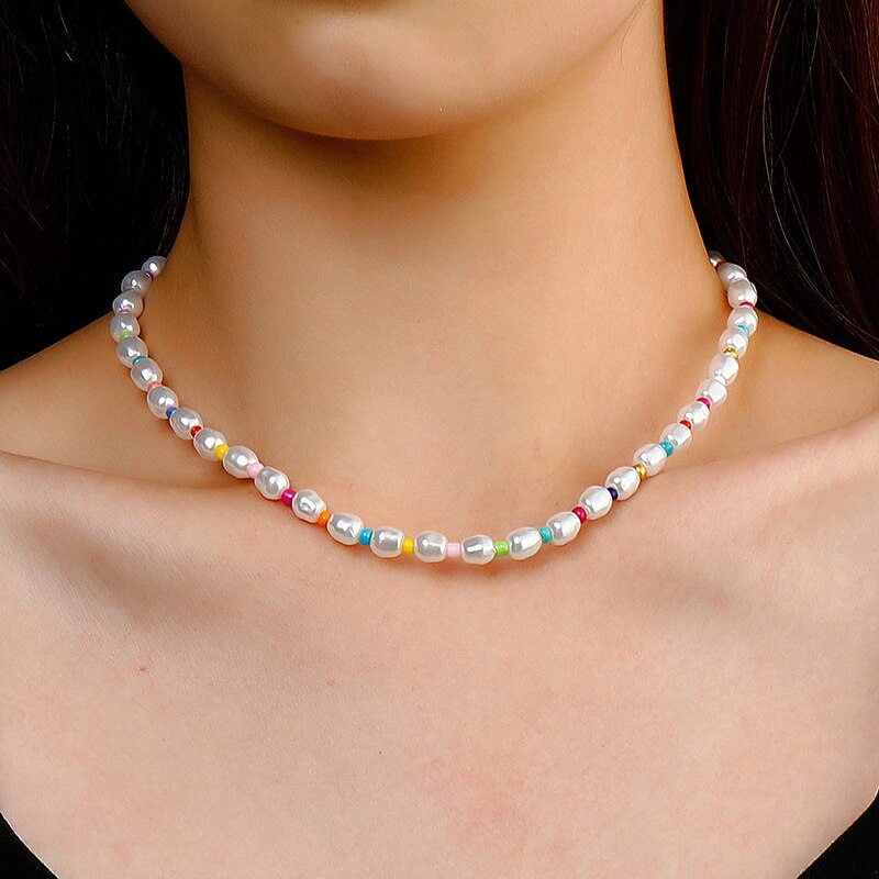 Origin Summer Bohemian Multicolor Simulation Pearl Beaded Chokers Necklace for Women Handmade Baroque Holiday Necklace Jewellery