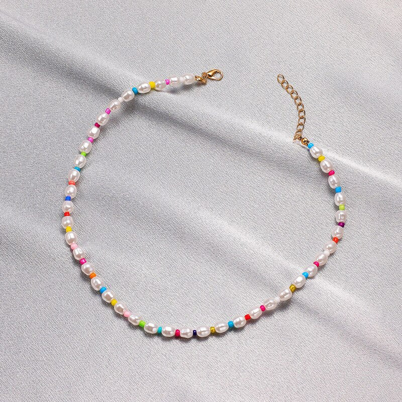 Origin Summer Bohemian Multicolor Simulation Pearl Beaded Chokers Necklace for Women Handmade Baroque Holiday Necklace Jewellery